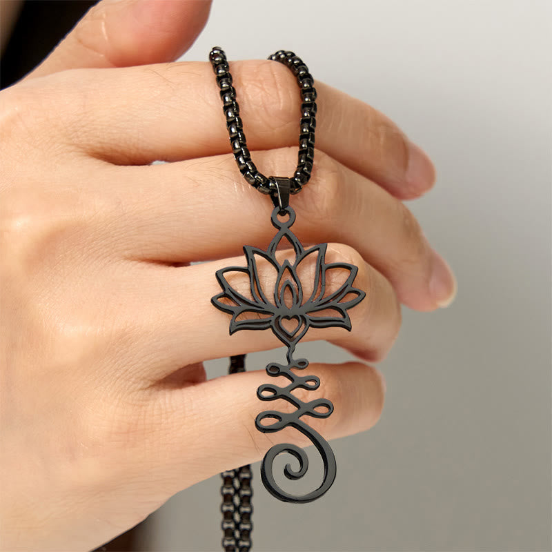 Schwarze Edelstahl Lotus Chakra Kette mit Spirale Anhänger