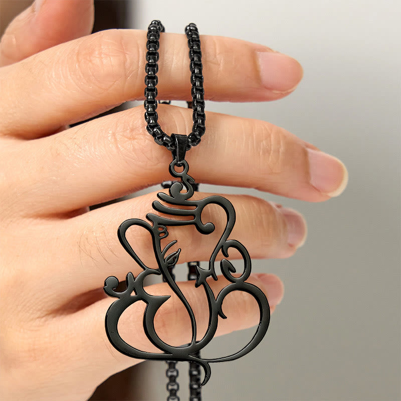 Schwarze Edelstahl Kette Ganesha Elefant Anhänger Schutz Amulett