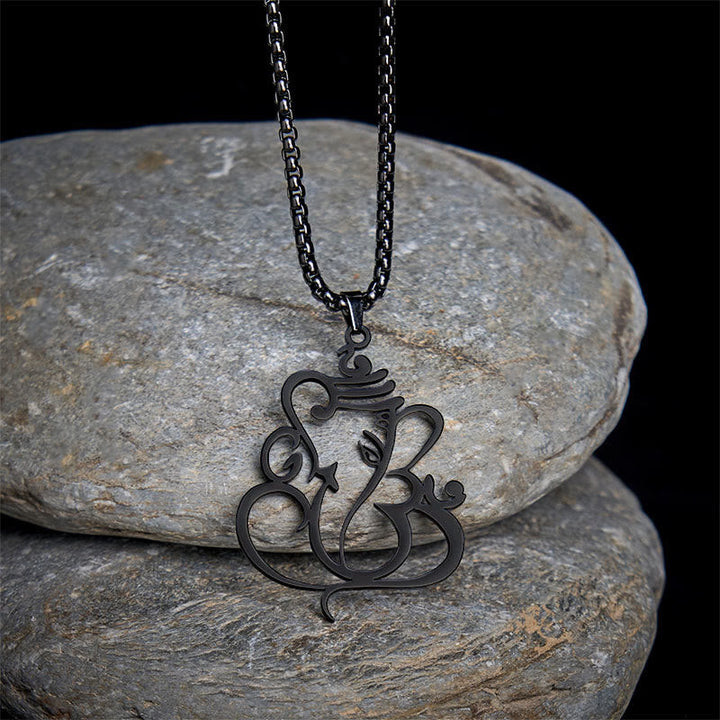 Schwarze Edelstahl Kette mit Ganesha Elefant Anhänger Schutz Symbol