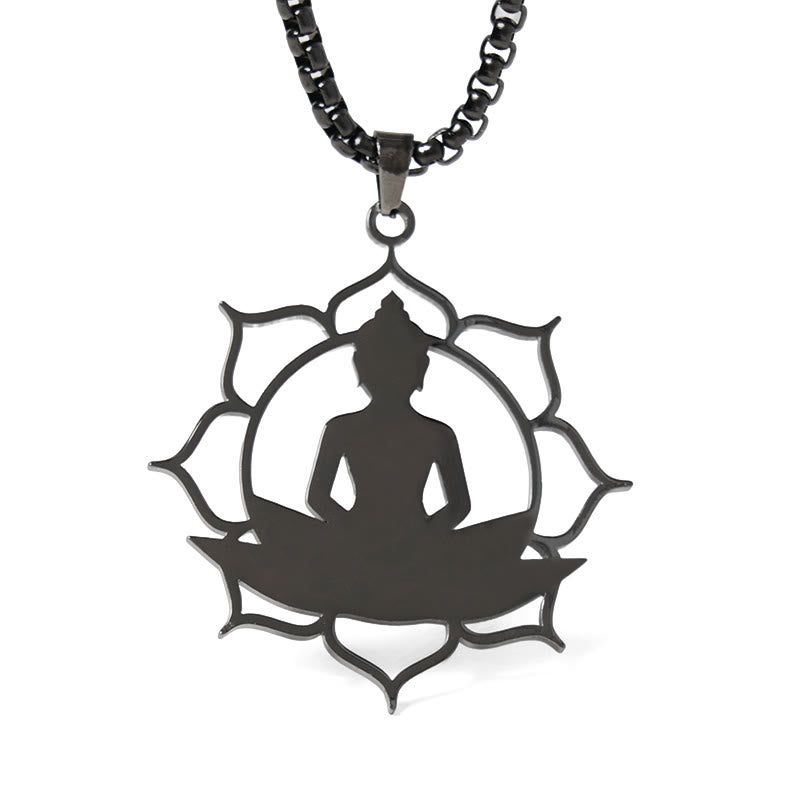 Schwarze Kette Edelstahl sitzender Buddha Lotus Anhänger Erleuchtung
