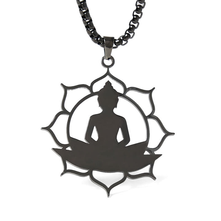 Schwarze Kette Edelstahl sitzender Buddha Lotus Anhänger Erleuchtung