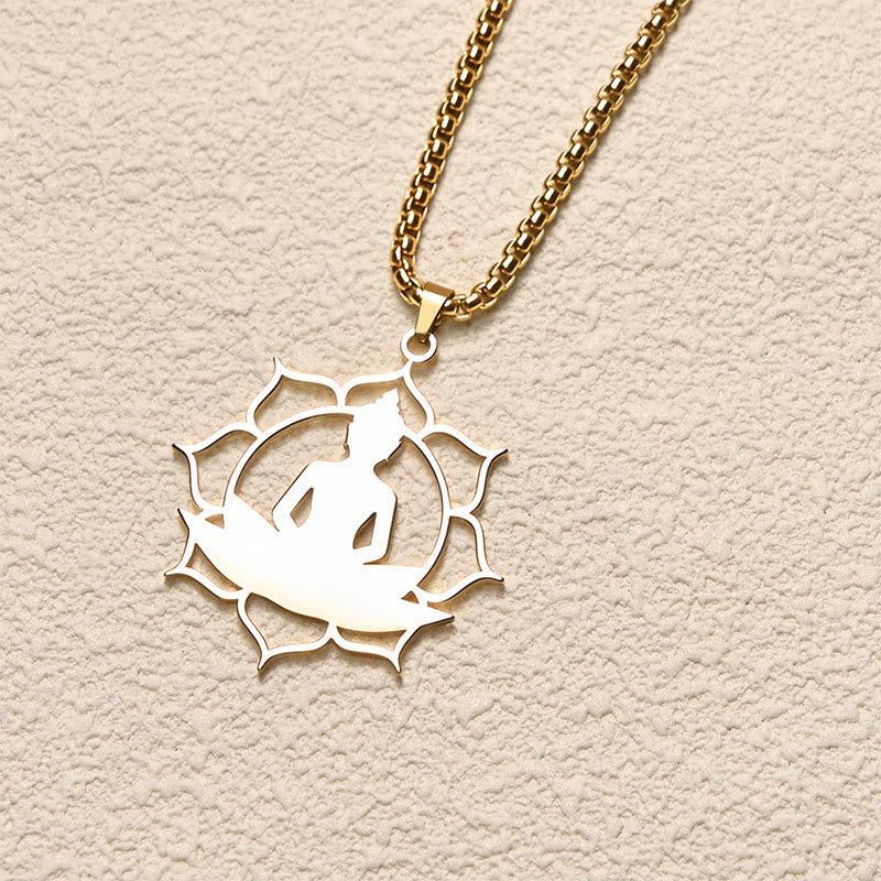 Kette Edelstahl Lotus Sitzender Buddha Erleuchtung Chakra Anhänger Mandala Gold