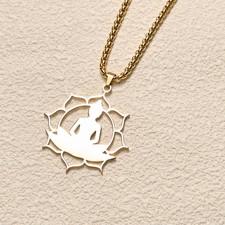 Kette Edelstahl Lotus Sitzender Buddha Erleuchtung Chakra Anhänger Mandala Gold