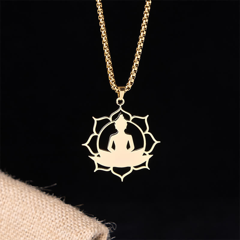 Goldene Edelstahl Kette Sitzender Buddha Lotus Anhänger Erleuchtung Meditation