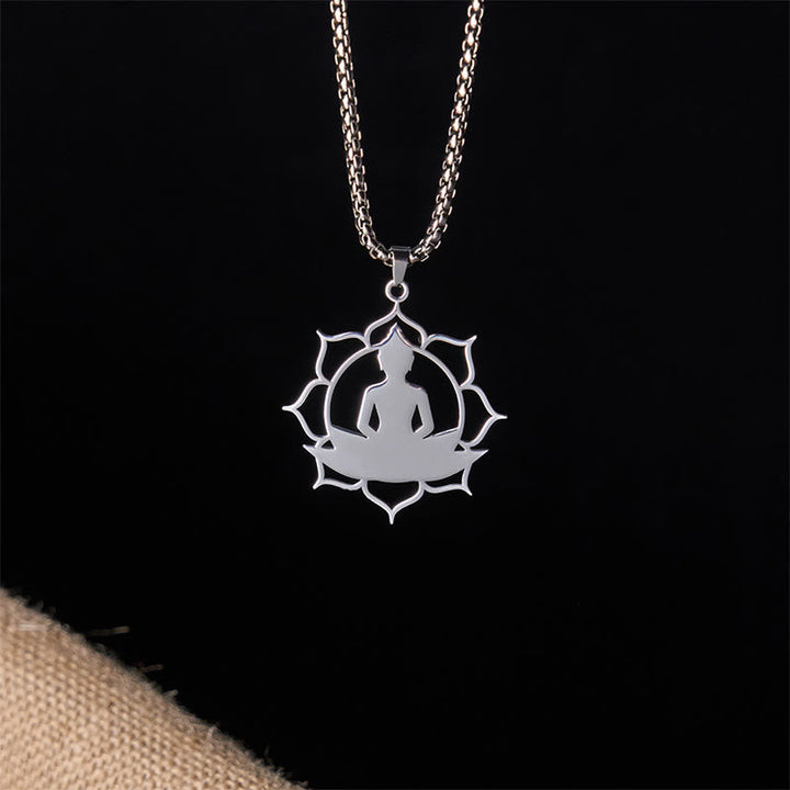 Kette Edelstahl sitzender Buddha Lotus Mandala Anhänger Erleuchtung silber