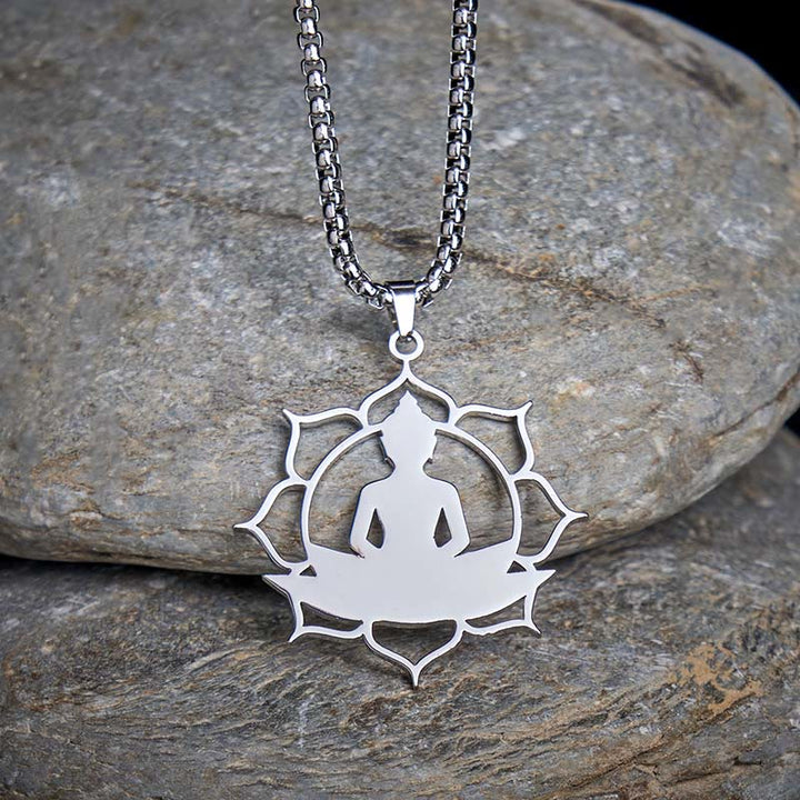 Kette Edelstahl Sitzender Buddha Erleuchtung Lotus Anhänger Silber Meditation