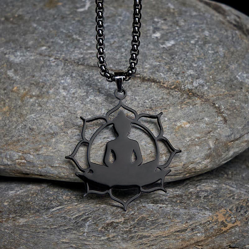Schwarze Kette Edelstahl Lotus Sitzender Buddha Erleuchtung Mandala