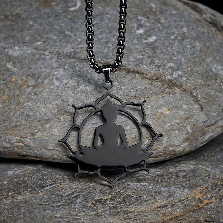 Schwarze Kette Edelstahl Lotus Sitzender Buddha Erleuchtung Mandala
