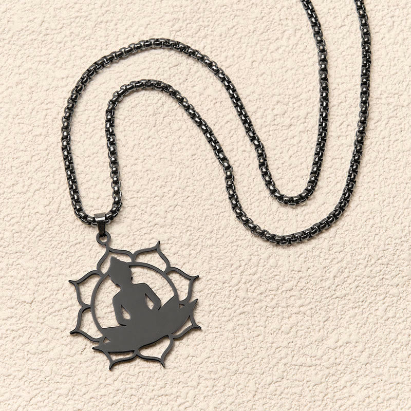 Schwarze Edelstahl-Kette mit Lotus-Anhänger sitzender Buddha Erleuchtung