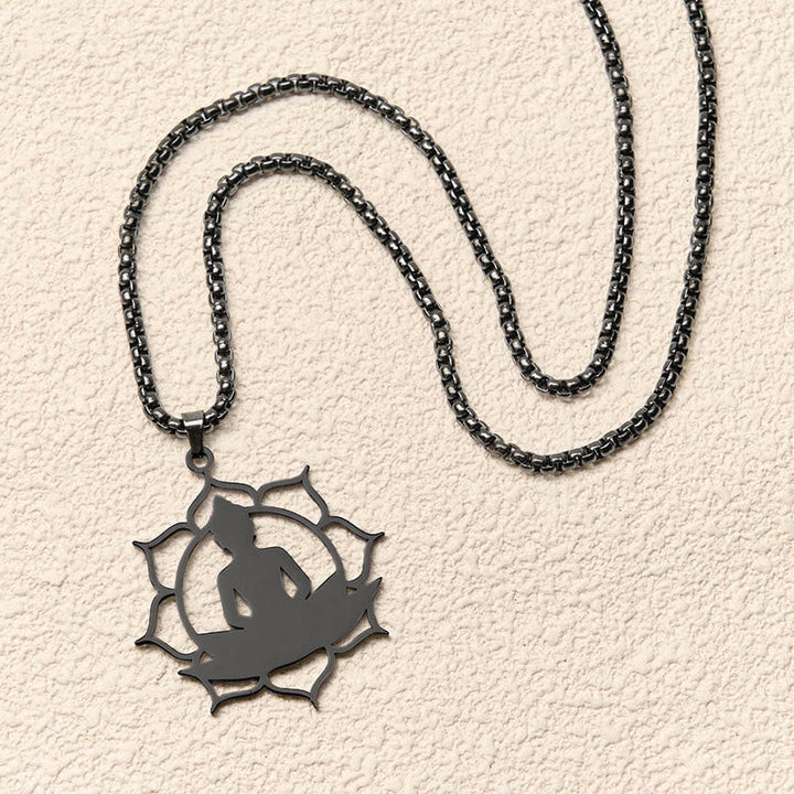 Schwarze Edelstahl-Kette mit Lotus-Anhänger sitzender Buddha Erleuchtung