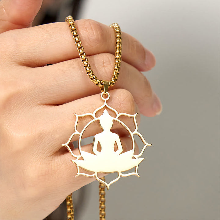 Goldene Edelstahl Kette Lotus Sitzender Buddha Mandala Anhänger Erleuchtung