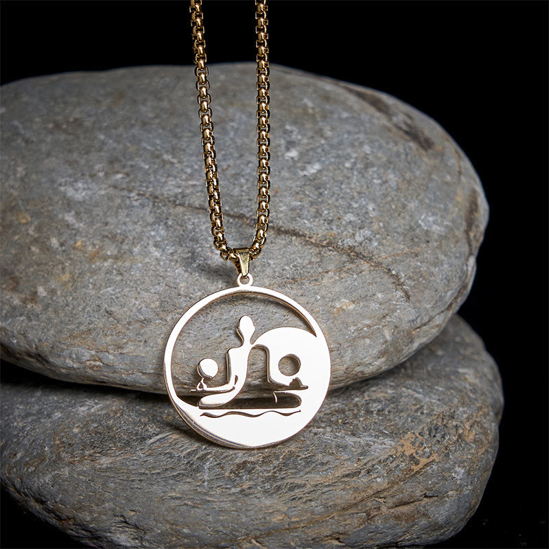 Silberne Edelstahl Kette mit Yin Yang Anhänger Familie Balance Naturstein