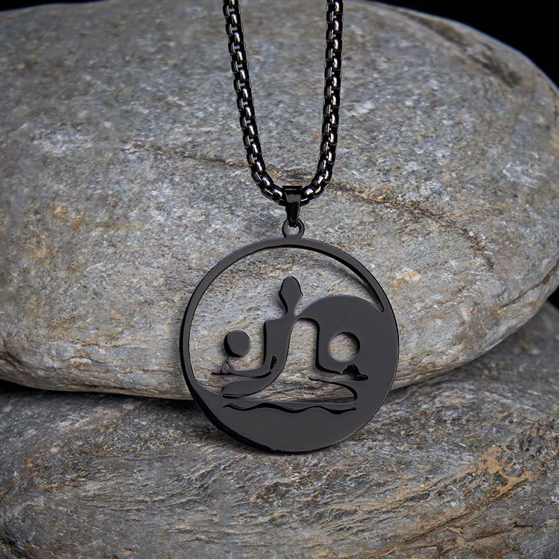 Schwarze Edelstahl Kette mit Yin Yang Buddha Anhänger Hohlraum Balance