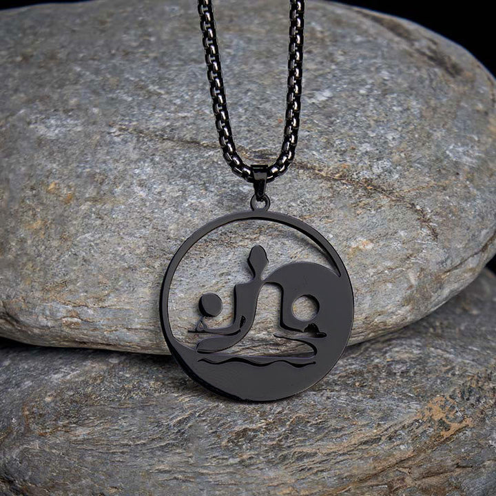 Schwarze Edelstahl Kette mit Yin Yang Buddha Anhänger Hohlraum Balance