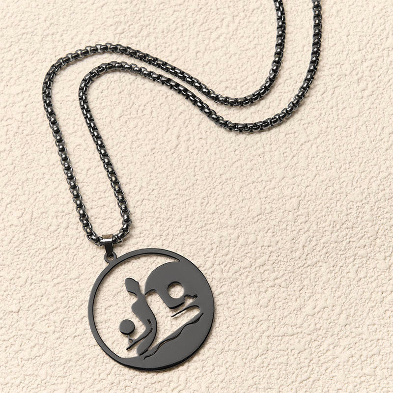 Schwarze Edelstahl Kette mit Yin Yang Buddha Anhänger Balance Hohlraum