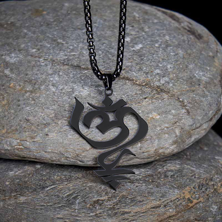 Schwarze Edelstahl Kette Om Symbol Anhänger Geometrie Naturstein