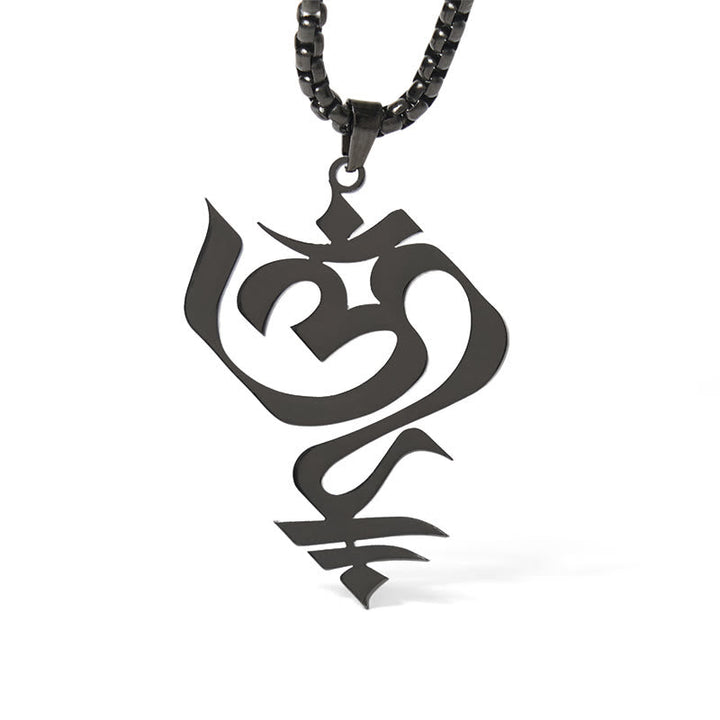 Schwarze Edelstahl Kette mit geometrischem Om Symbol Anhänger