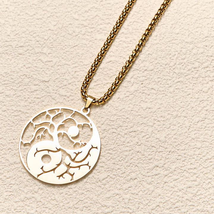 Goldene Yin Yang Kette Edelstahl Hohlraum Anhänger Balance Lebensbaum