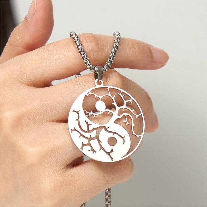 Silberne Yin Yang Kette Edelstahl Anhänger Baum Symbol Balance