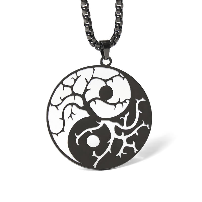 Edelstahl Kette Yin Yang Baum Anhänger schwarz Hohlraum Balance Halskette