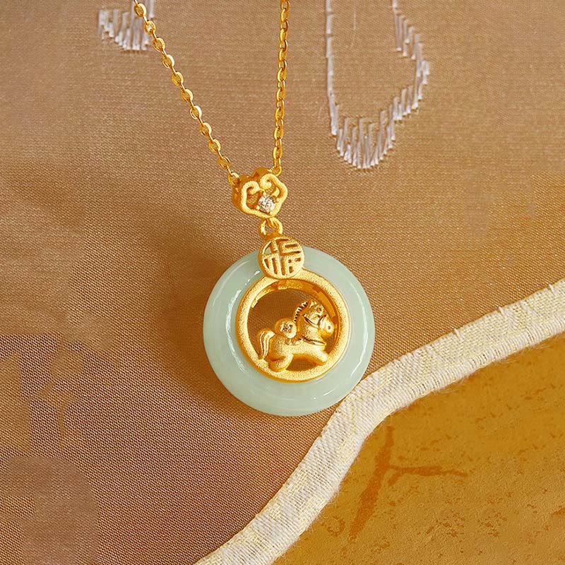 Grüne Jade Kette Pferd Schnalle 925 Silber Glück Anhänger elegant