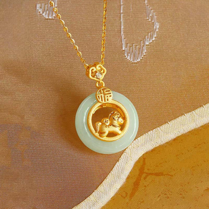 Grüne Jade Kette Pferd Schnalle 925 Silber Glück Anhänger elegant