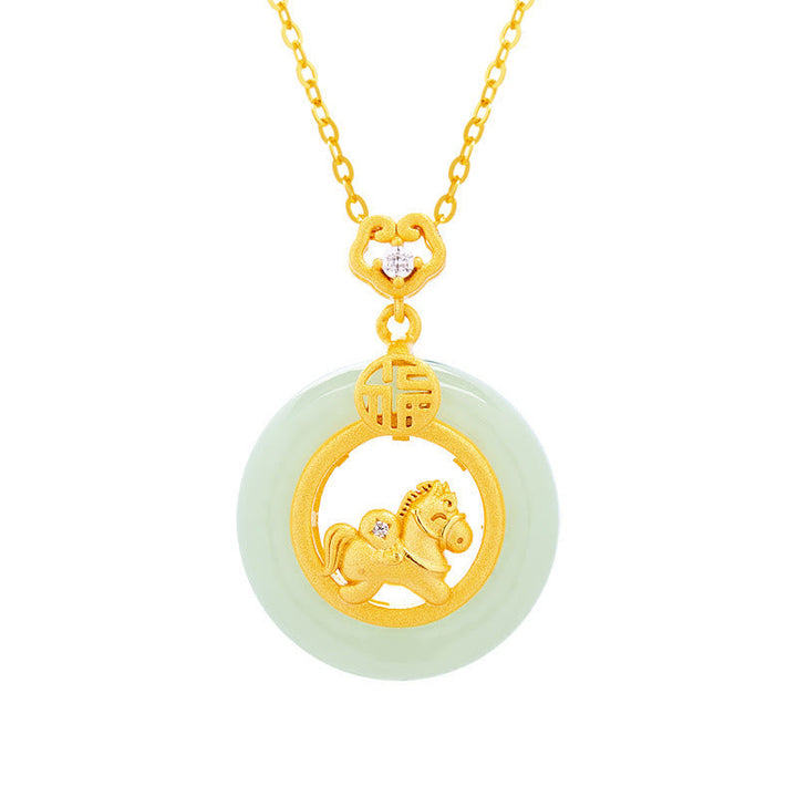 Jade Pferd Kette Schnalle vergoldet eleganter Anhänger Glück Naturstein