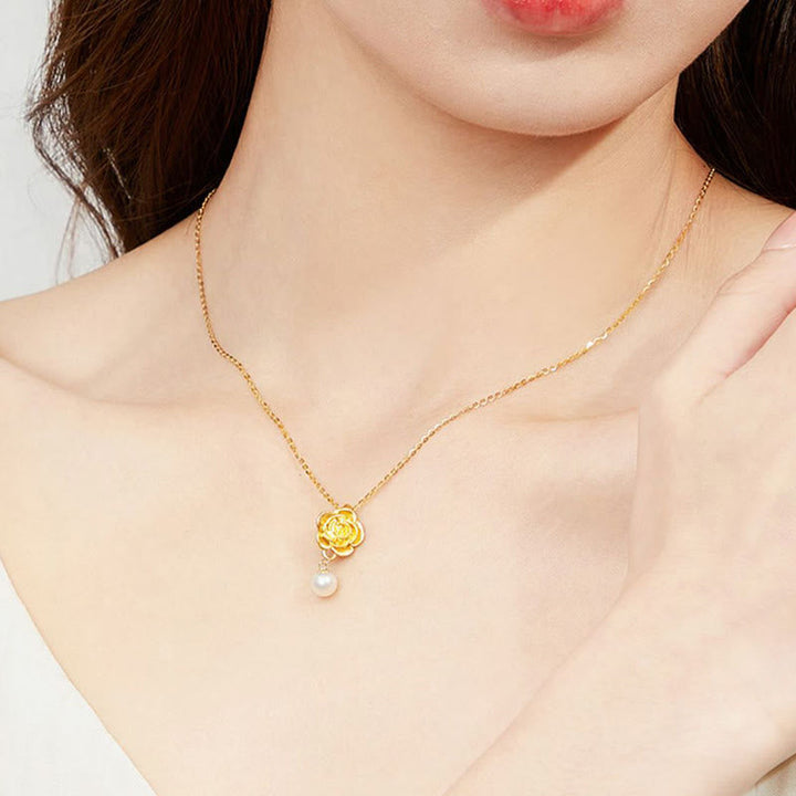 Goldene Kette Perle Kamelie 999er Silber Vergoldet Anhänger Heilung