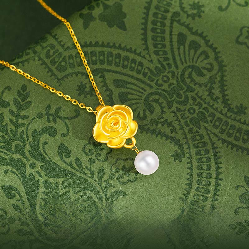 Elegante Silber Kette vergoldet mit Kamelie und weißer Perle Anhänger