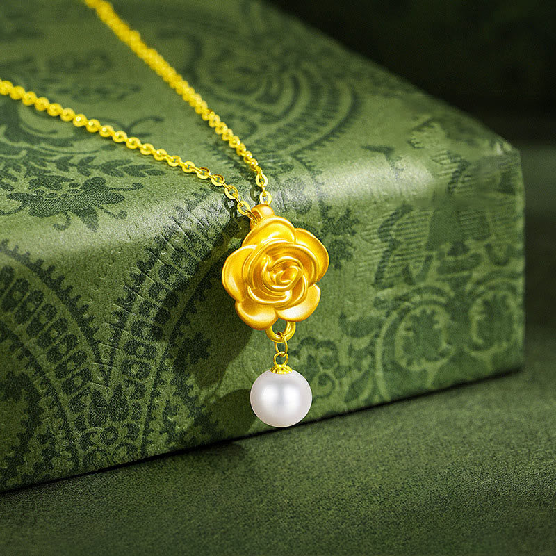 Goldene Kamelie Kette mit Perle Anhänger Naturstein Heilung