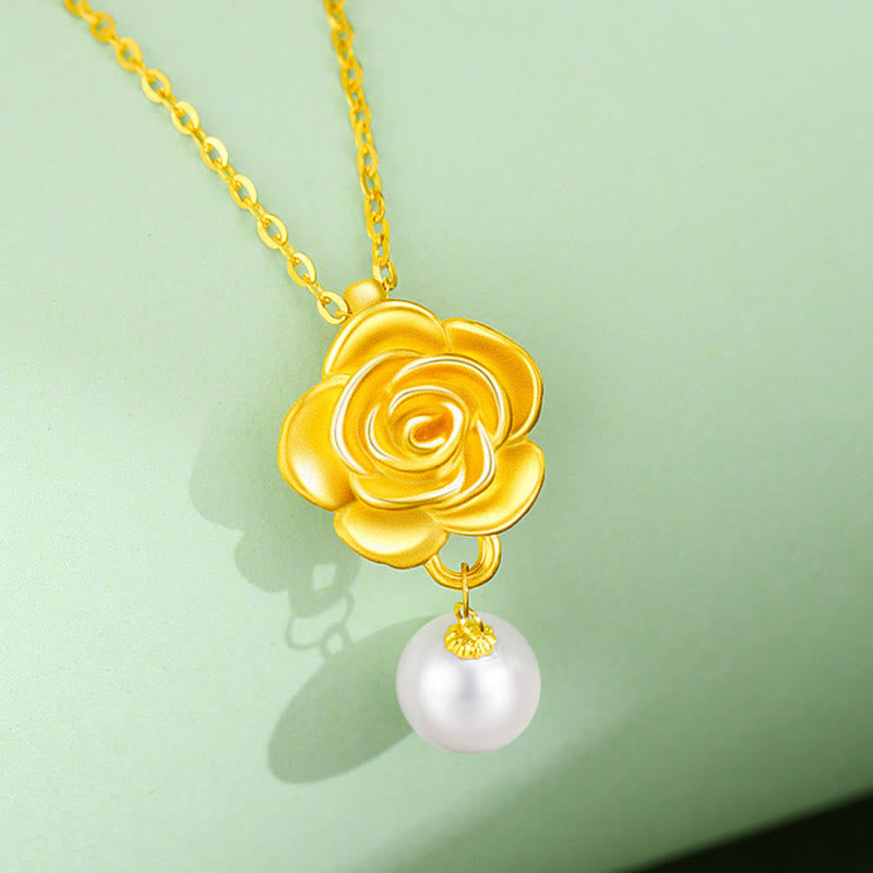 Goldene Kette Perle Kamelie Silber vergoldet Rose Anhänger Heilung