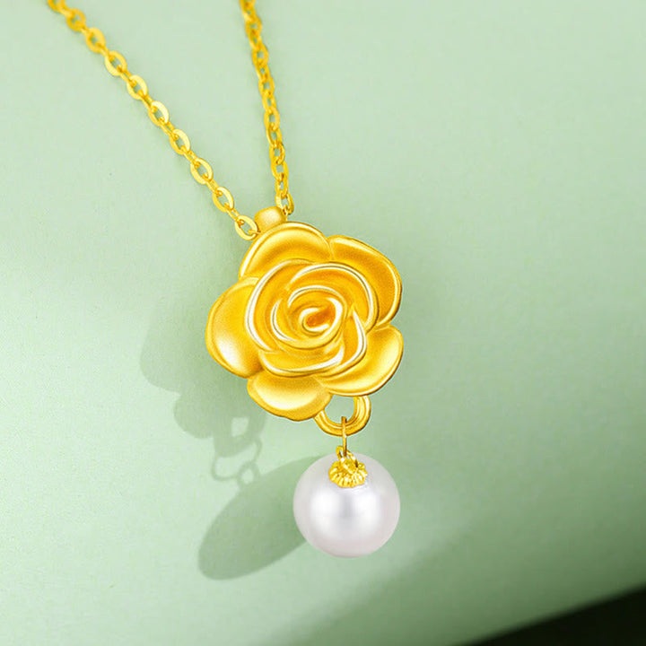 Goldene Kette Perle Kamelie Silber vergoldet Rose Anhänger Heilung