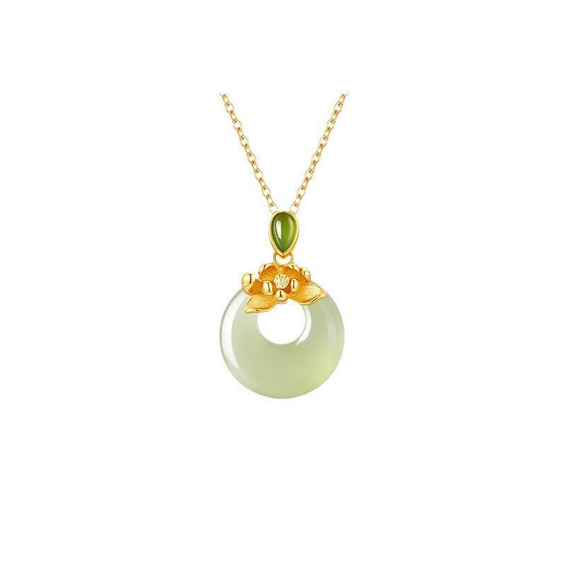 Hetian-Jade Lotus Kette 925er Silber Vergoldet grüner Jadehänger Glück