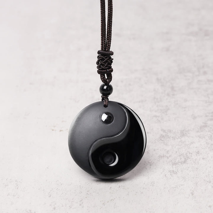 Schwarze Obsidian Yin Yang Kette Anhänger Schutz Naturstein Schmuck