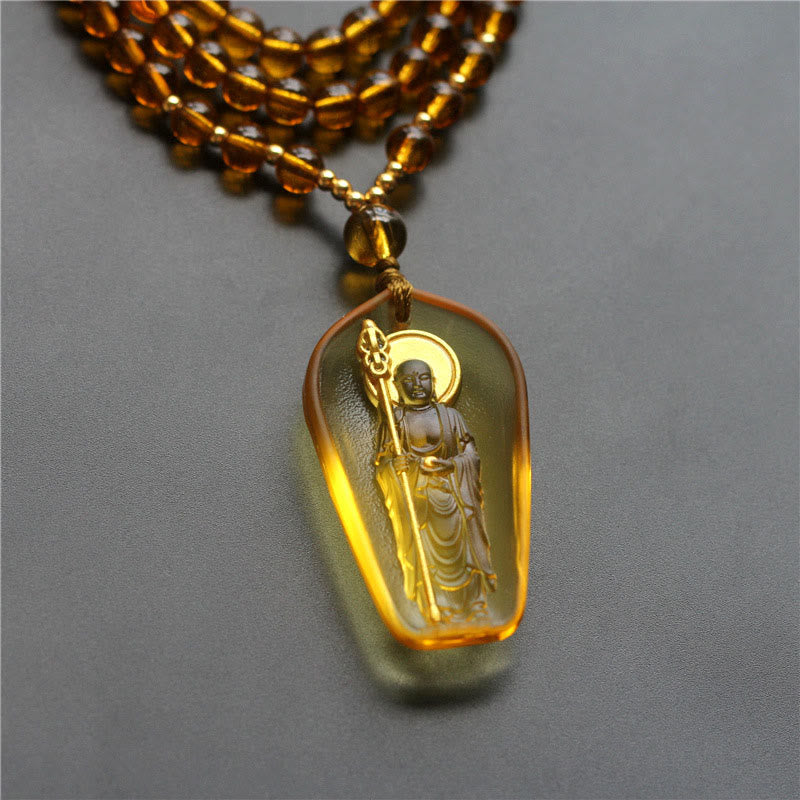 Kette aus Liuli-Kristall mit Ksitigarbha Bodhisattva Anhänger bernsteinfarbig leuchtend