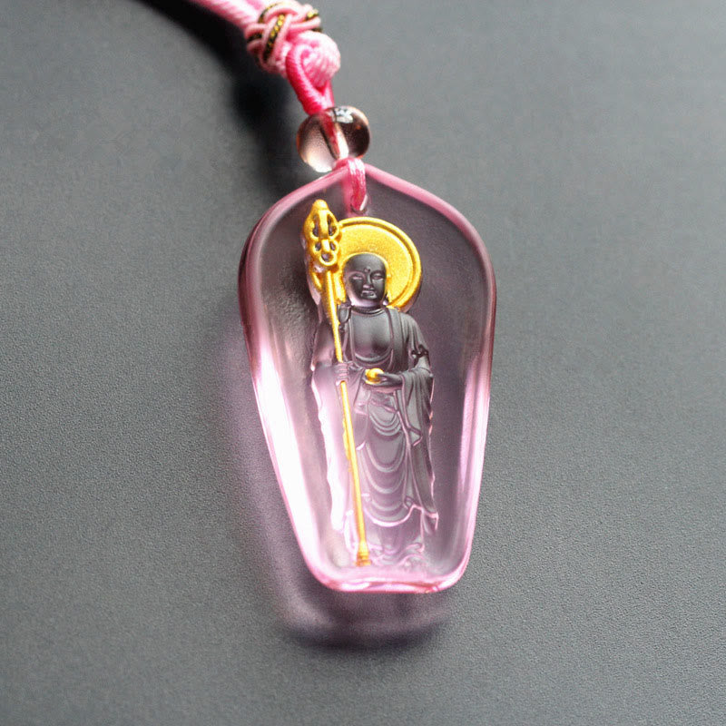 Rosa Liuli-Kristall Kette mit Ksitigarbha Bodhisattva Buddha Anhänger