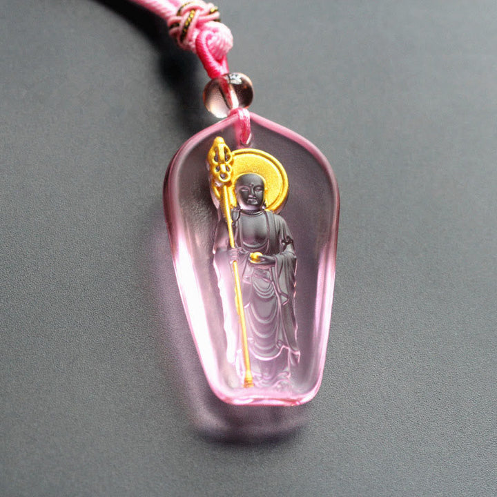 Rosa Liuli-Kristall Kette mit Ksitigarbha Bodhisattva Buddha Anhänger