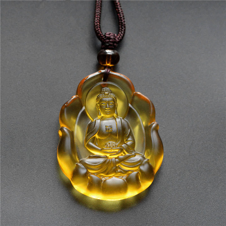 Gelbe Liuli-Kristall Buddha Kette mit Schutz Anhänger Chinesischer Tierkreis
