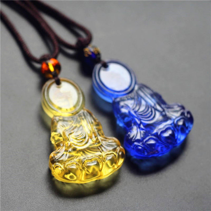 Zwei Buddha-Anhänger Kette gelbe und blaue Liuli-Kristall Medizin-Buddha