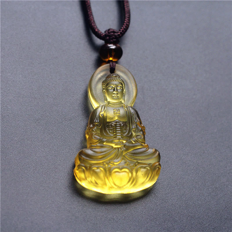 Buddha Anhänger Kette Liuli-Kristall gelb Medizin-Buddha sitzend Naturstein