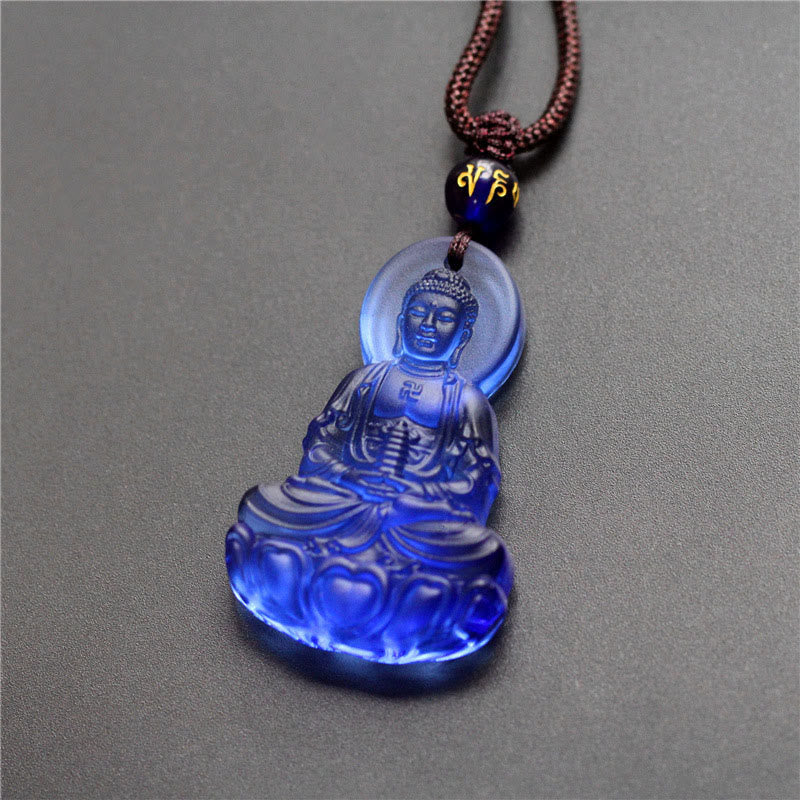 Blauer Medizin-Buddha Anhänger aus Liuli-Kristall mit Perlenkette