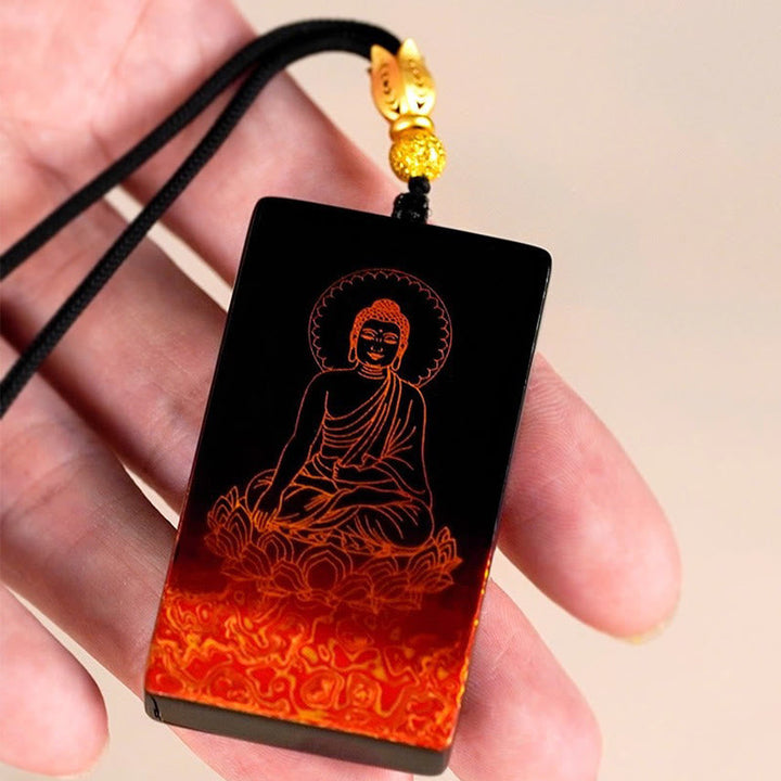 Schwarze Kette Sandelholz mit Buddha-Anhänger Geburtsbuddha Tierkreis graviert