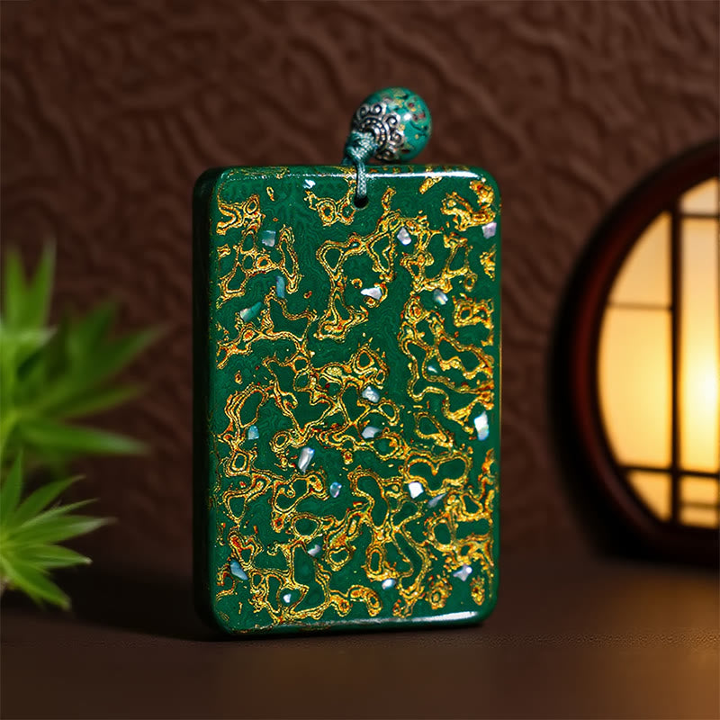 Grüner Jade Anhänger Kette mit Goldmuster Buddha Schutz Naturstein