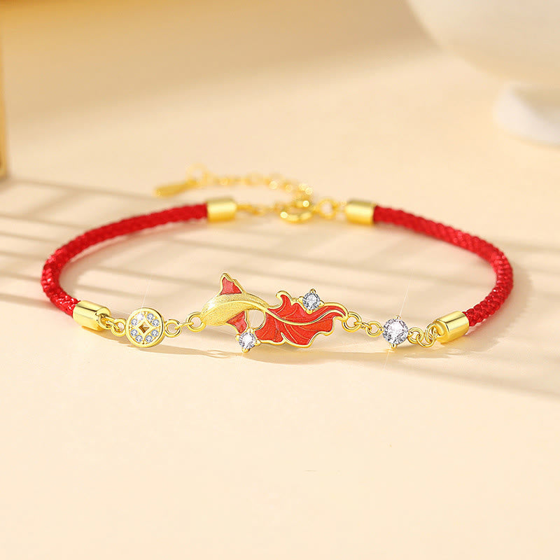 Tibetische Kette mit Silber Koi-Fisch rotes Seidenband goldene Kristalle spiritueller Segen