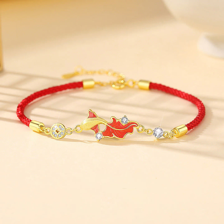 Tibetische Kette mit Silber Koi-Fisch rotes Seidenband goldene Kristalle spiritueller Segen