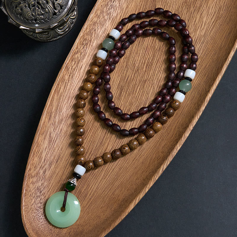 Kette Wenge-Holz Buddha-Schnalle – Frieden grüne Jade Anhänger Mala Perlen