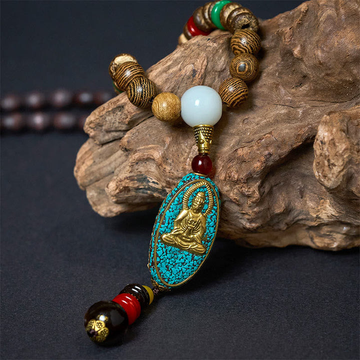 Türkis Kette Kokosschale Avalokitesvara Buddha Anhänger Vintage Harmonie