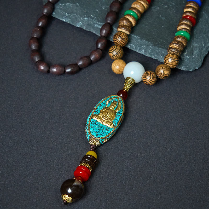Tibetische Kette Kokosschale Avalokitesvara Vintage Holzperlen Buddha Anhänger