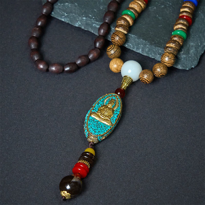 Tibetische Kette Kokosschale Avalokitesvara Vintage Holzperlen Buddha Anhänger