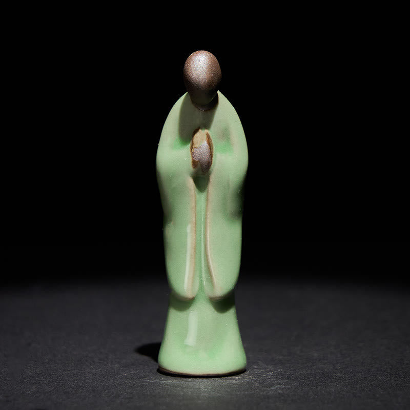 Buddha Statue Mönch Keramik Serenität Grün Bowing
